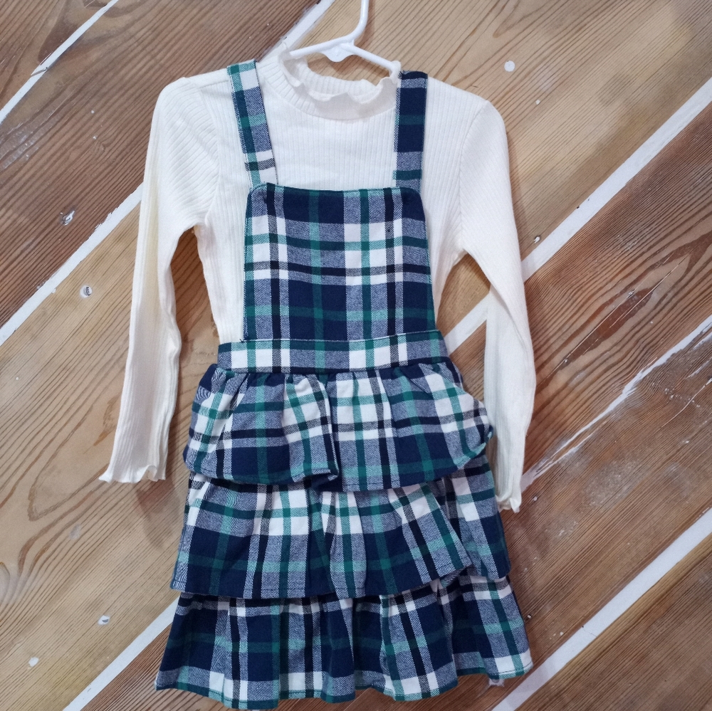 Plaid overalls skirt w matching top 3t